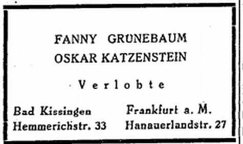 238_Verlobungsanzeige Fanny Katzenstein geb. Grünebaum Bad Kissingen Israelit 27081936